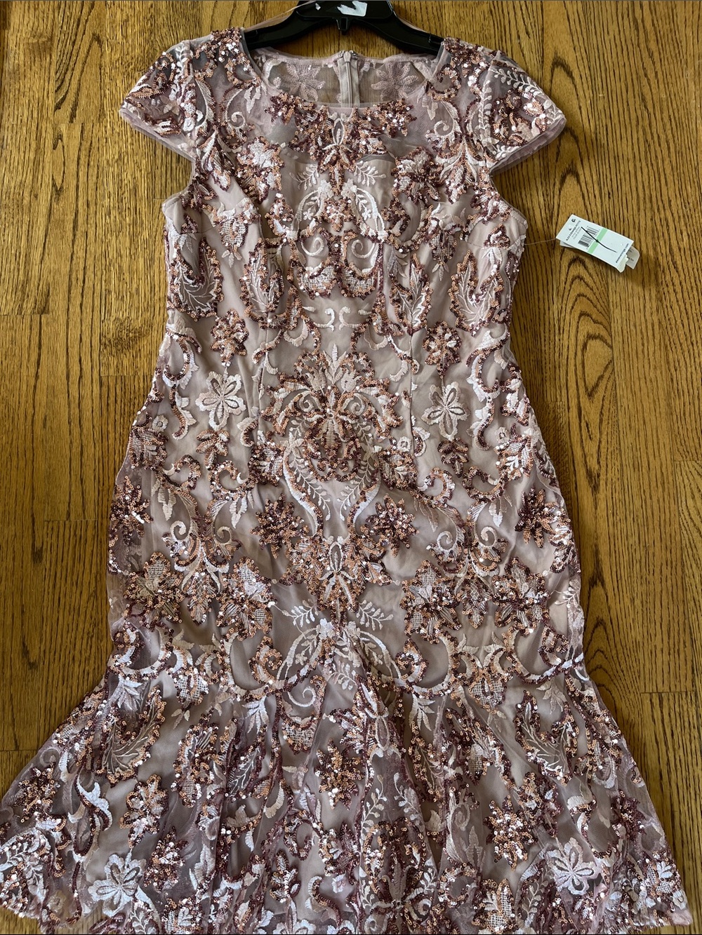 Alex Evenings Rose Gold Sequin Lace Illusion Cap Sleeve Gown